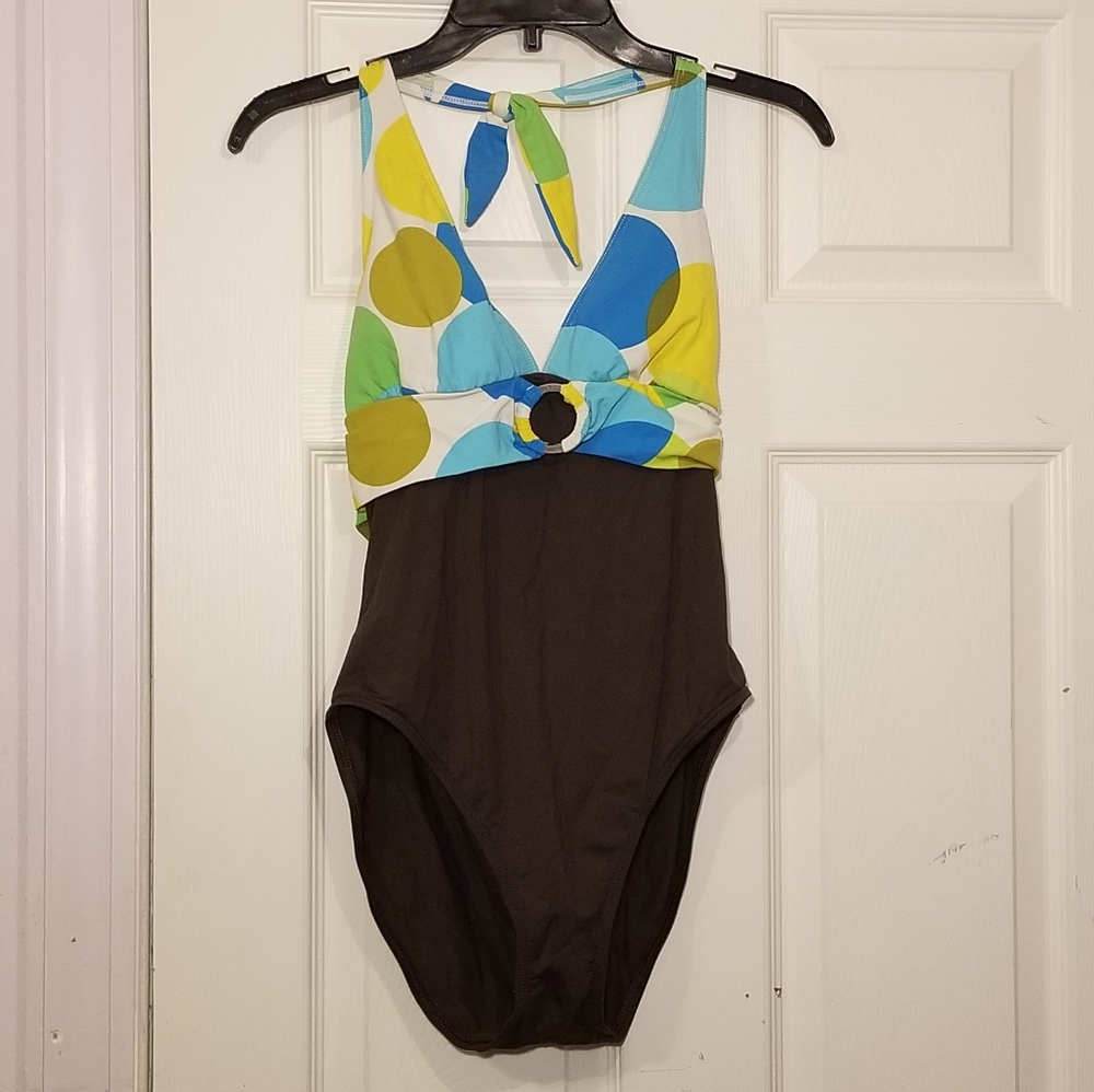 EUC Circle pattern print brown yellow blue green one piece swimsuit
